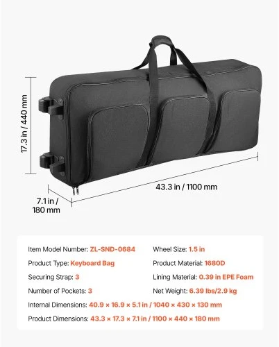 VEVOR Klavišinių instrumentų dėklas 88 klavišams, 104 x 43 x 13 cm, su ratukais