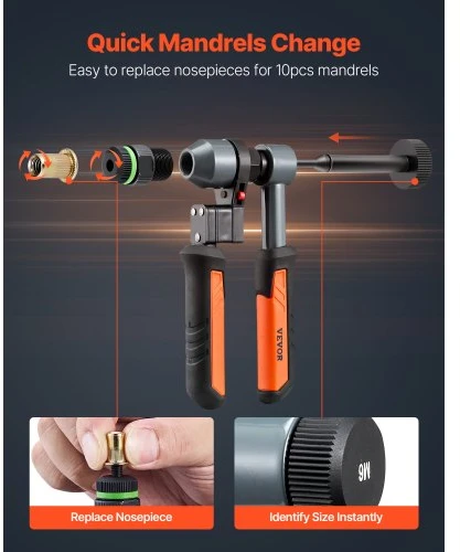 VEVOR Kniedžių veržlių įrankio rinkinys DY-8809, 21 cm, oranžinis / juodas, su 10 antgalių ir 100 veržlių