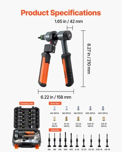 VEVOR Kniedžių veržlių įrankio rinkinys DY-8809, 21 cm, oranžinis / juodas, su 10 antgalių ir 100 veržlių