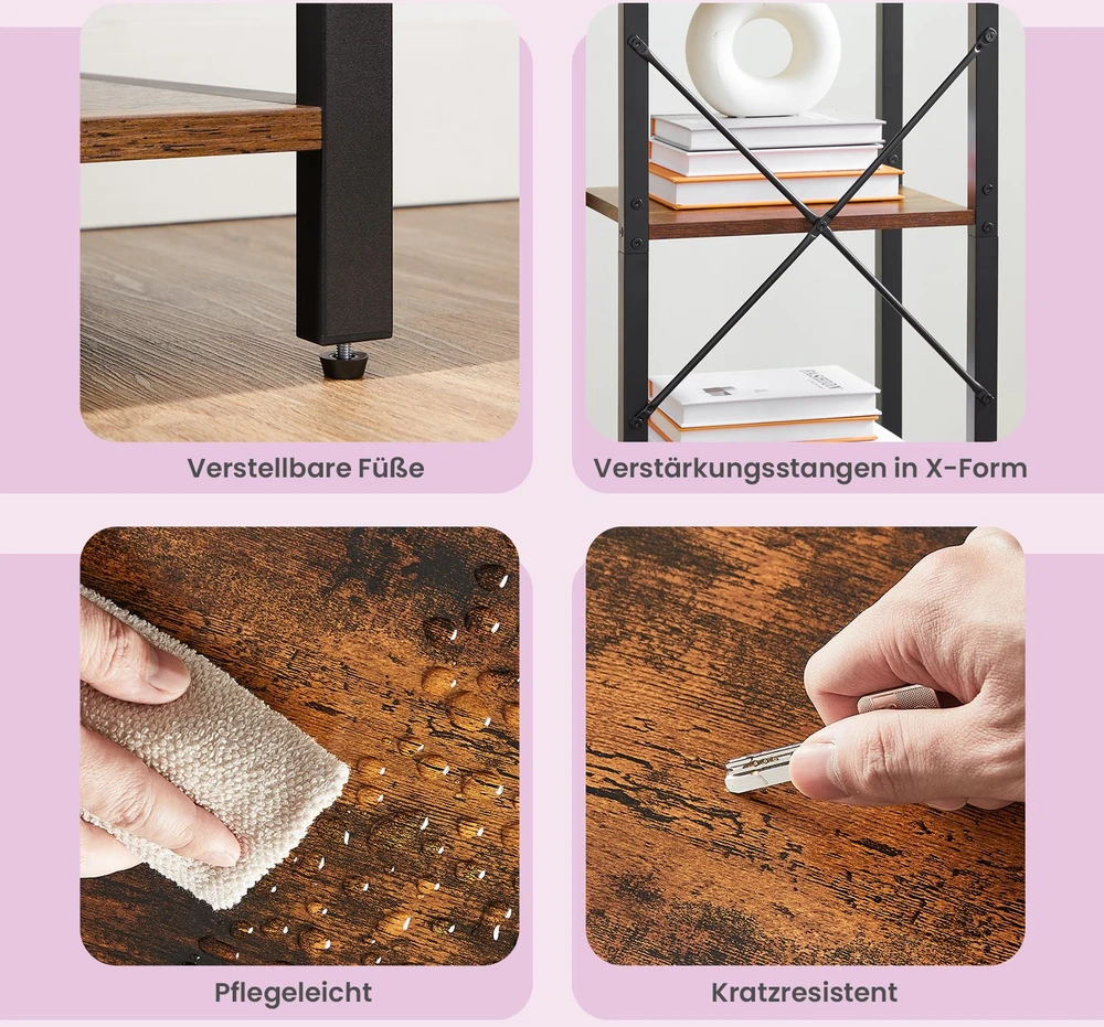 Koduva Knygų lentyna, 5 aukštų, pramoninio stiliaus, medžio drožlių plokštė ir plienas, ruda-juoda
