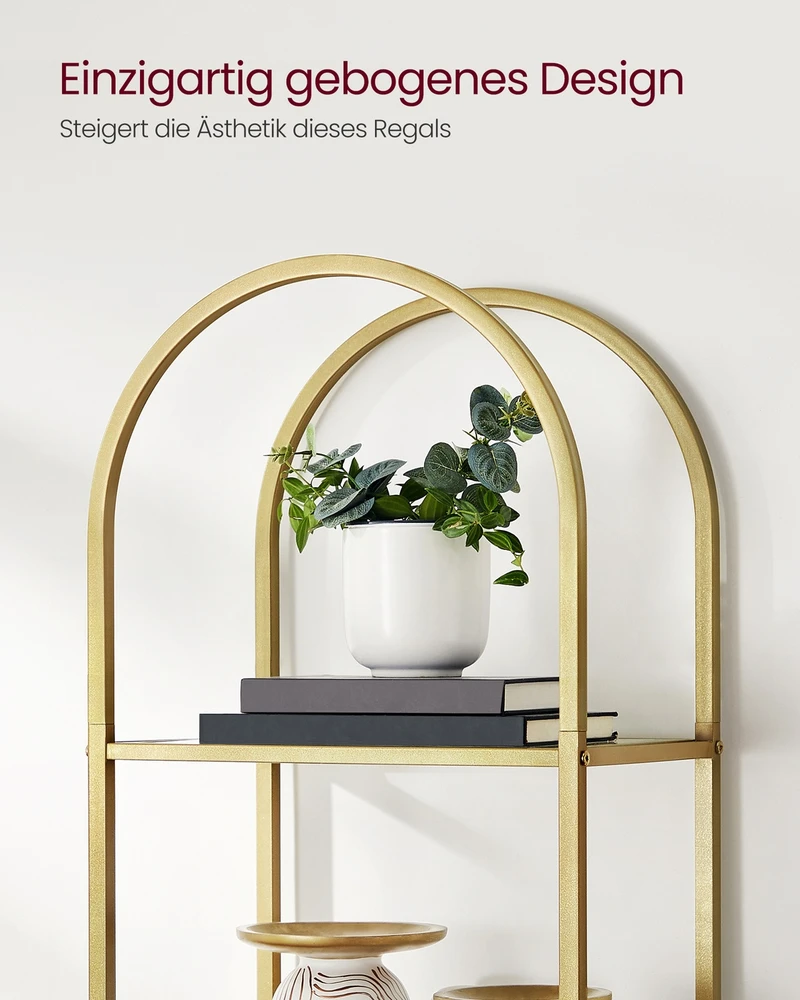 Songmics Knygų lentyna, 5 lentynų, arkinės formos, grūdintas stiklas ir plienas, aukso spalvos