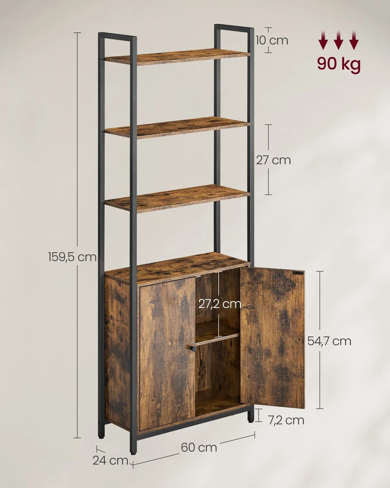 Songmics Knygų lentyna, 6 aukštų, 24 x 60 x 159,5 cm, vintažinė ruda, juoda