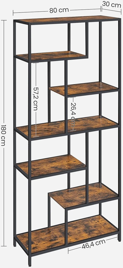 Songmics Knygų lentyna, 6 aukštų, 30 x 80 x 180 cm, medžio drožlių plokštė ir plienas, ruda-juoda