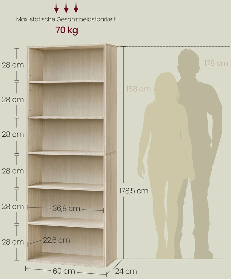 Songmics Knygų lentyna, 6 aukštų, reguliuojamos lentynos, medžio drožlių plokštė, 24 x 60 x 178,5 cm, natūraliai smėlinė