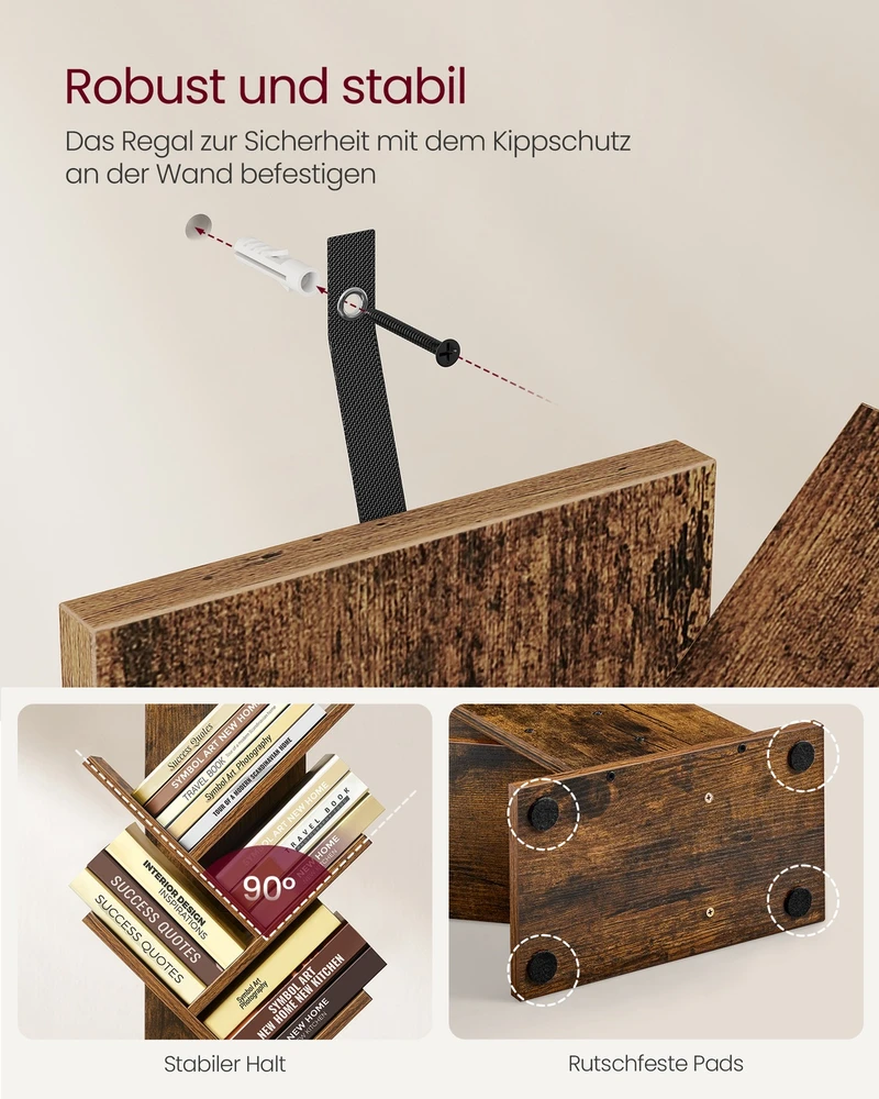 Songmics Knygų lentyna medžio forma, 20 x 38 x 115,2 cm, medžio drožlių plokštė, vintažinė ruda