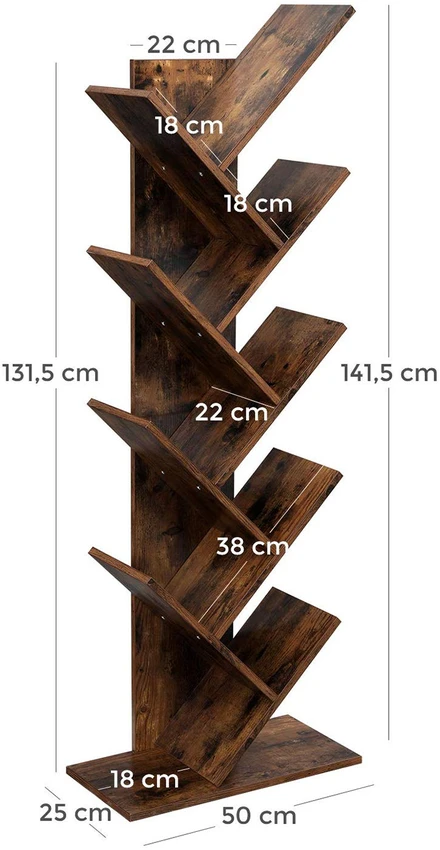 Songmics Knygų lentyna medžio formos, 8 lentynos, 50 x 25 x 141,5 cm, tamsiai ruda