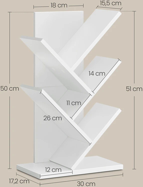 Songmics Knygų lentyna, medžio formos, taupanti vietą, debesų baltos spalvos, 17,2 x 30 x 51 cm