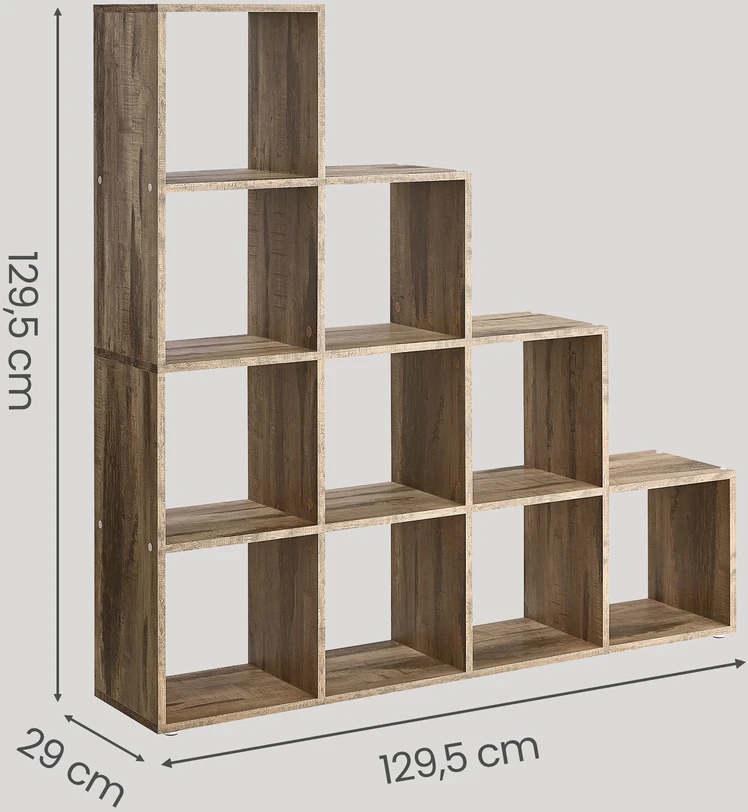 Songmics Knygų lentyna su 10 atvirų skyrių, ruda, medžio drožlių plokštė, 29 x 129,5 x 129,5 cm