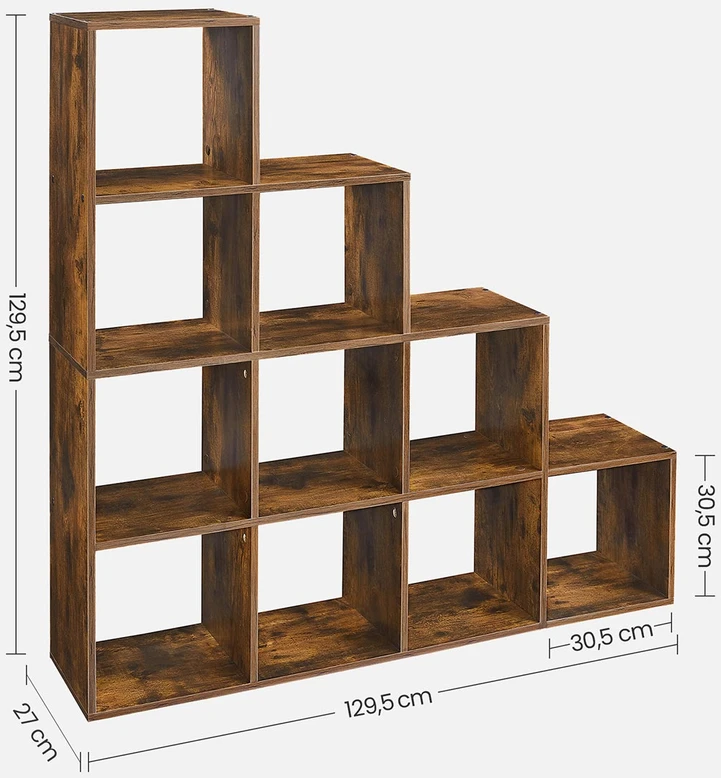 Songmics Knygų lentyna su 10 skyriais, atvira pakopinė lentyna, 27 x 129,5 x 129,5 cm, balta