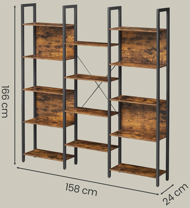 Songmics Knygų lentyna su 14 lentynų, metalinis rėmas, 158 x 24 x 166 cm, ruda-juoda