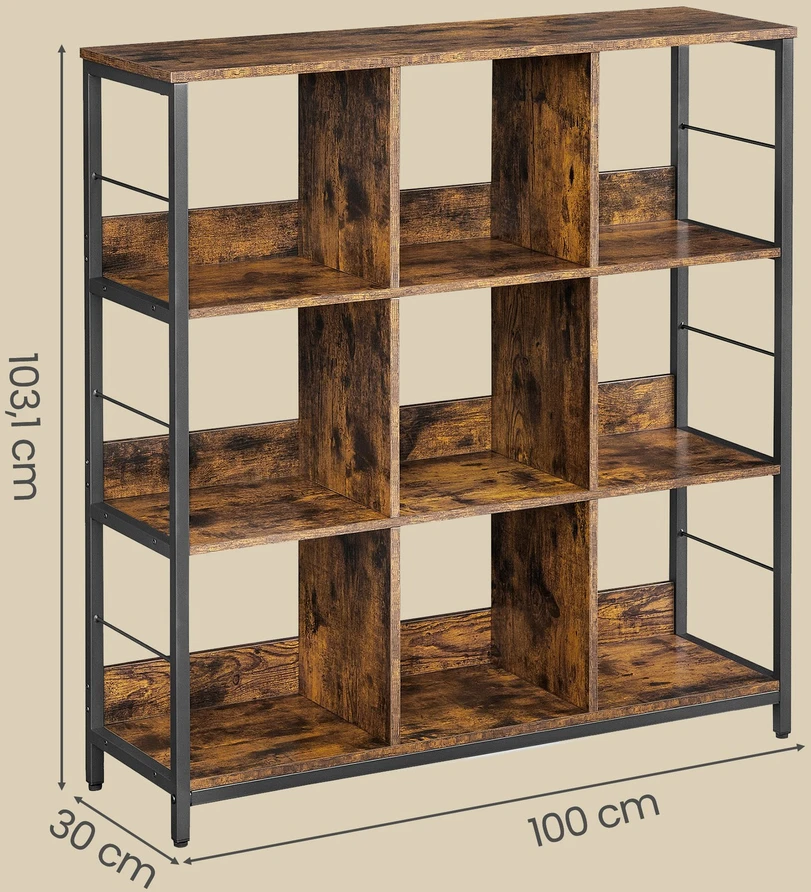 Songmics Knygų lentyna su 3 aukštais, 9 skyriais, 100 x 30 x 103,1 cm, ruda-juoda