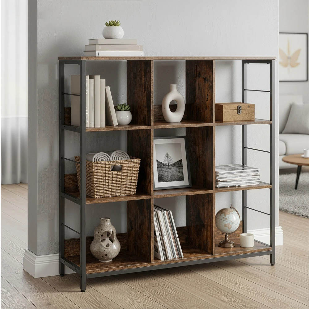 Songmics Knygų lentyna su 3 aukštais, 9 skyriais, 100 x 30 x 103,1 cm, ruda-juoda