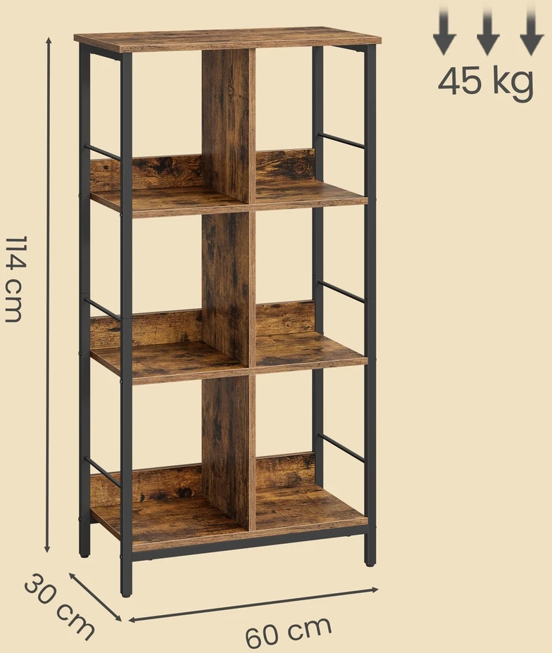 Songmics Knygų lentyna su 3 aukštais ir 6 skyriais, 30 x 60 x 114 cm, ruda-juoda