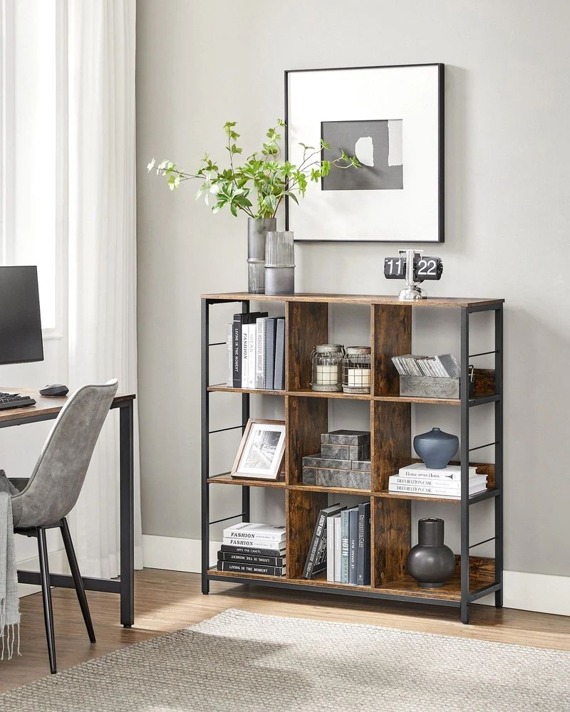 Songmics Knygų lentyna su 3 aukštais ir 9 skyriais, 30 x 100 x 103,1 cm, vintažinės rudos-juodos spalvos