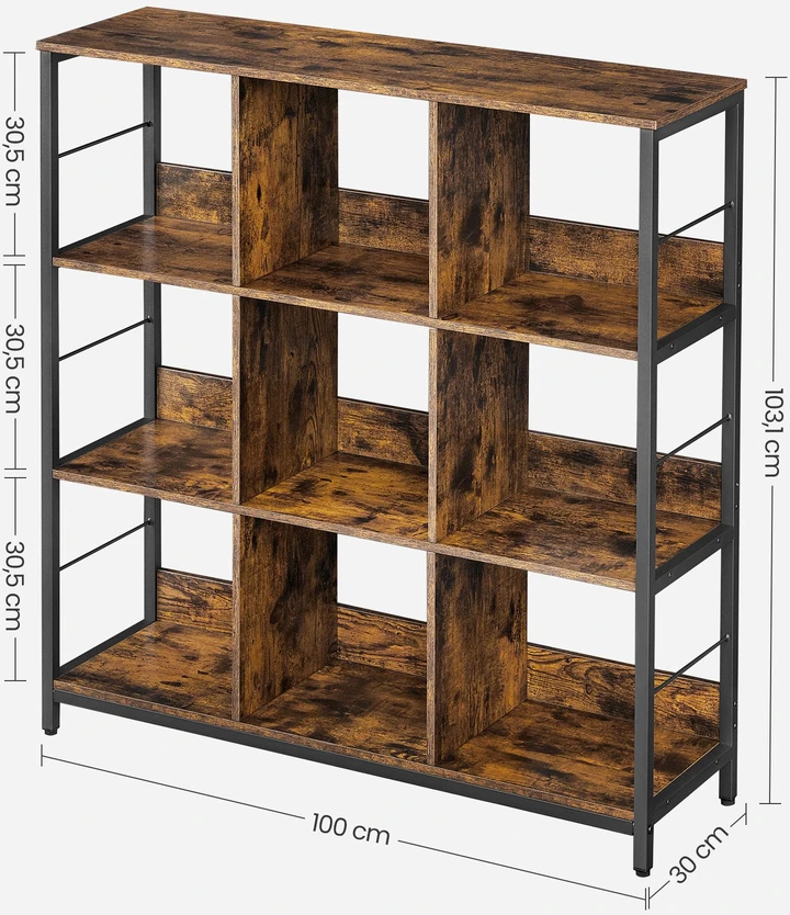 Songmics Knygų lentyna su 3 aukštais ir 9 skyriais, 30 x 100 x 103,1 cm, vintažinės rudos-juodos spalvos