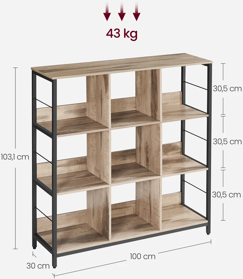Songmics Knygų lentyna su 3 lygiais ir 9 skyriais, 30 x 100 x 103,1 cm, ruda, juoda