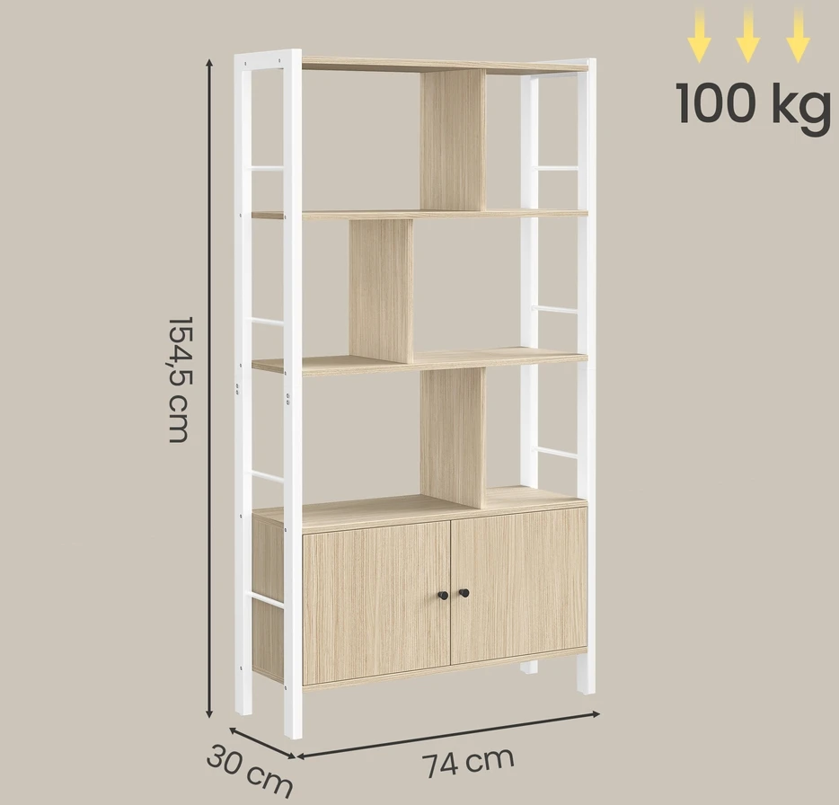 Songmics Knygų lentyna su 4 atviromis lentynomis, 30 x 74 x 154,5 cm, smėlio balta
