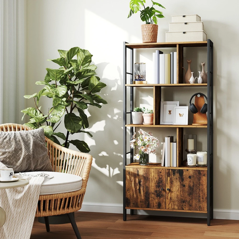 Songmics Knygų lentyna su 4 atviromis lentynomis, 30 x 74 x 154,5 cm, ruda ir juoda