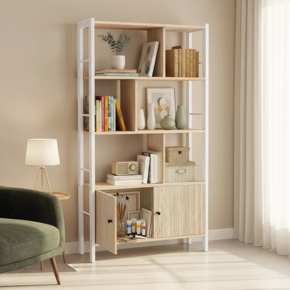 Songmics Knygų lentyna su 4 atviromis lentynomis, 30 x 74 x 154,5 cm, smėlio balta