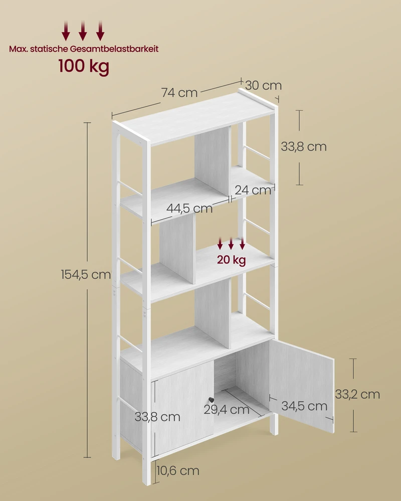Songmics Knygų lentyna su 4 atviromis lentynomis, 30 x 74 x 154,5 cm, balta