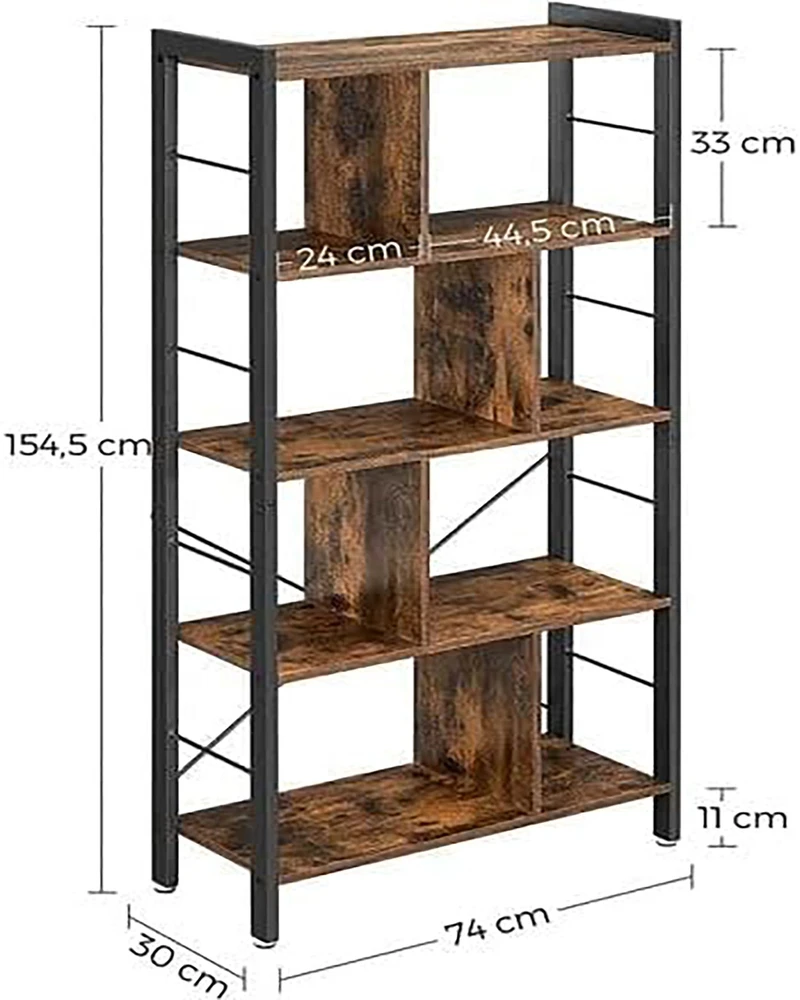 Songmics Knygų lentyna su 4 lentynomis, 74 x 30 x 154,5 cm, medžio drožlių plokštė ir plienas, ruda-juoda