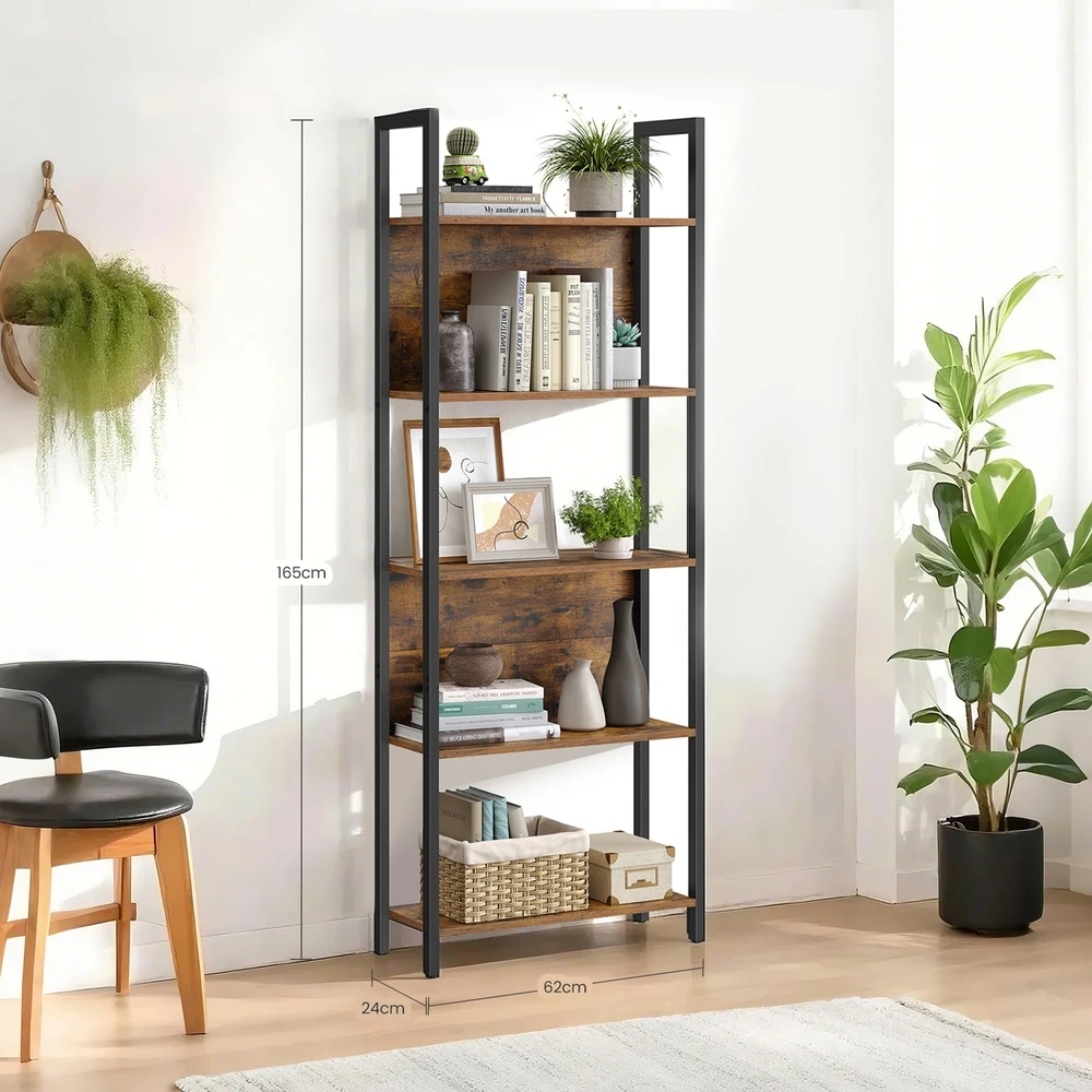 Songmics Knygų lentyna su 5 atviromis lentynomis, 62 x 24 x 165 cm, ruda-juoda