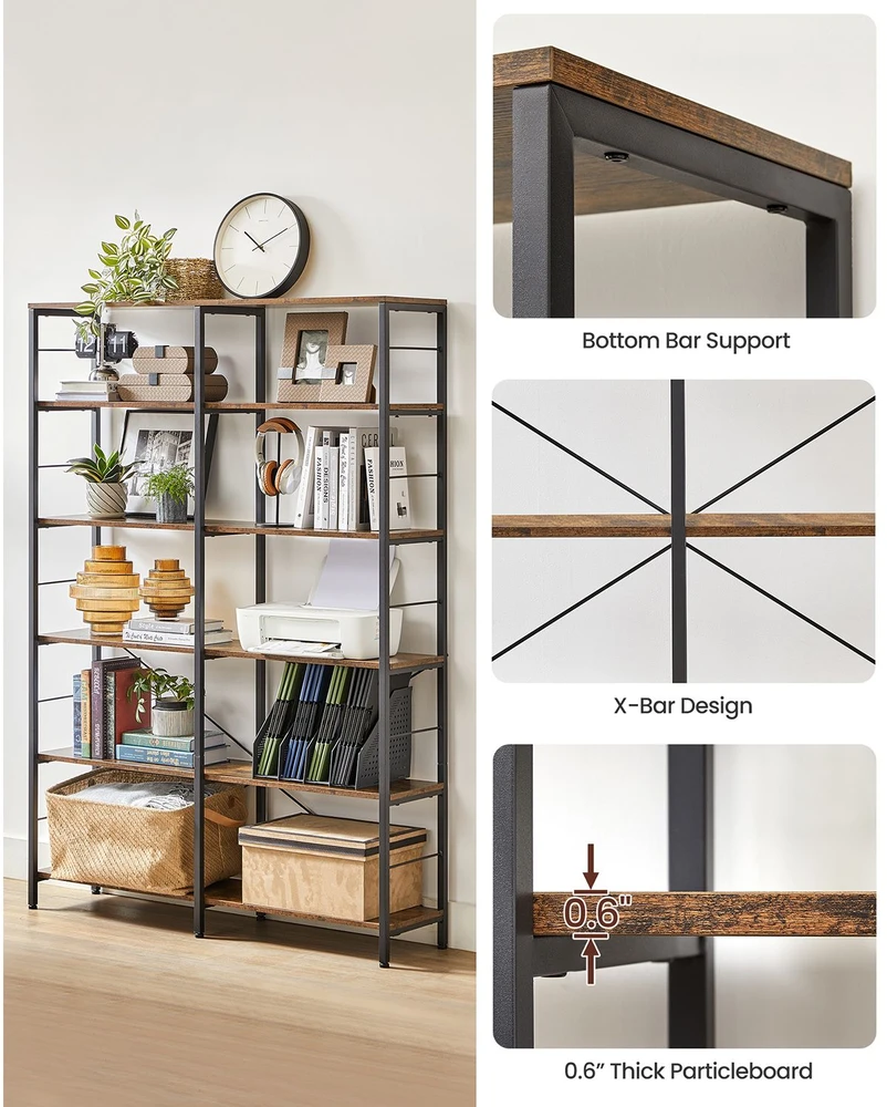 Songmics Knygų lentyna su 6 lentynomis, 30 x 120 x 172,5 cm, medžio drožlių plokštė ir plienas, ruda-juoda