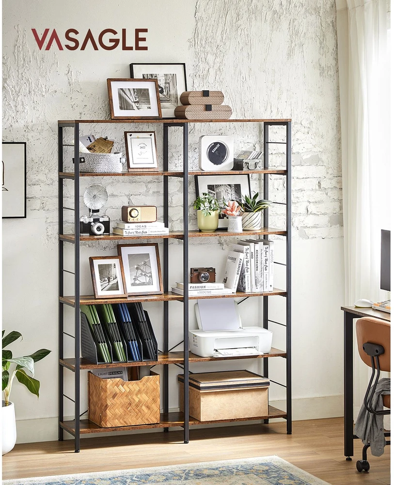 Songmics Knygų lentyna su 6 lentynomis, 30 x 120 x 172,5 cm, medžio drožlių plokštė ir plienas, ruda-juoda