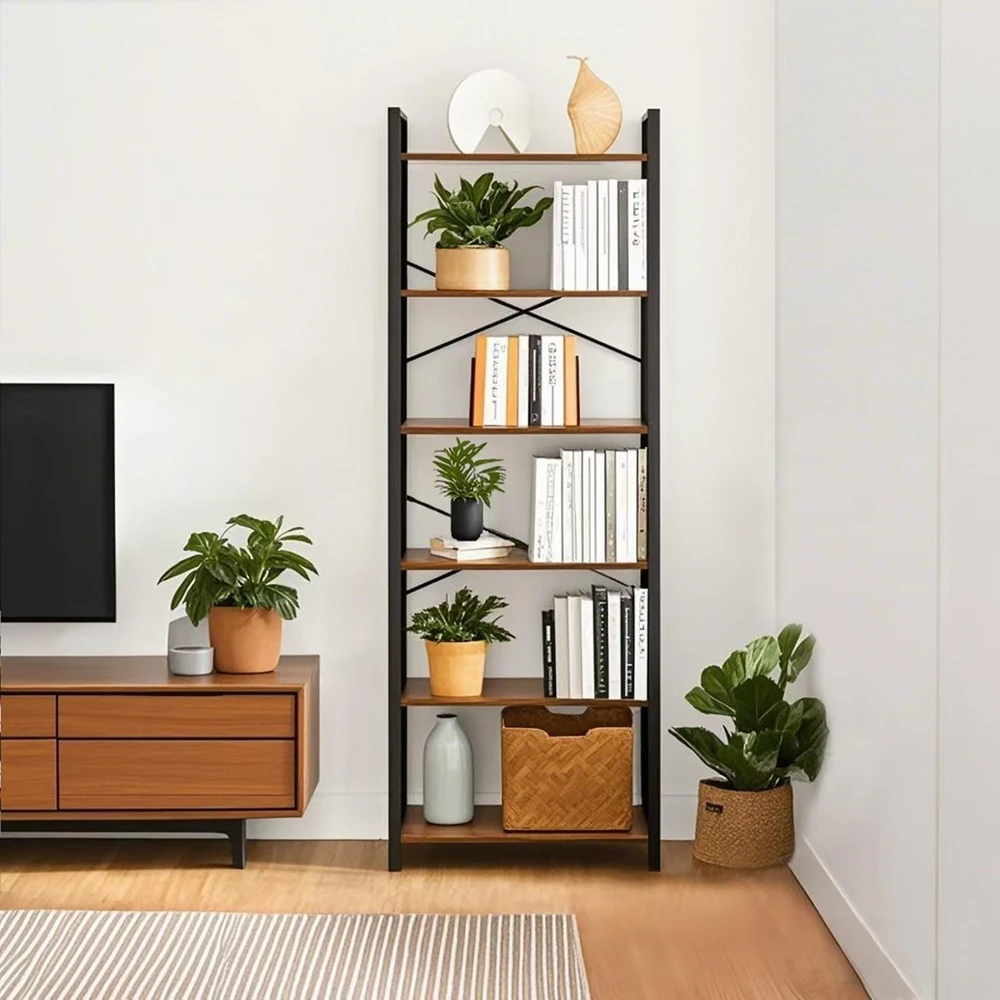 Songmics Knygų lentyna su 6 lentynomis, 66 x 30 x 186 cm, plieno rėmas, ruda-juoda