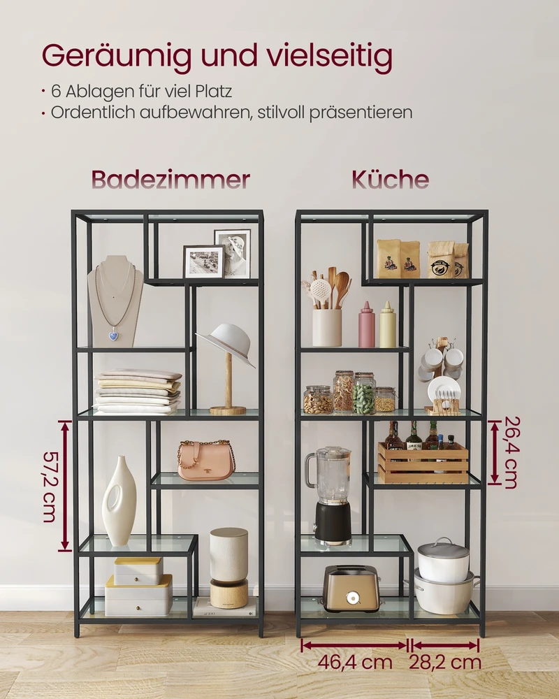 Songmics Knygų lentyna su 6 lentynomis, grūdintas stiklas ir plienas, 30 x 80 x 180 cm, juoda skaidri