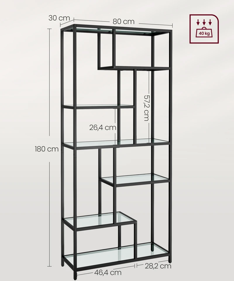 Songmics Knygų lentyna su 6 lentynomis, grūdintas stiklas ir plienas, 30 x 80 x 180 cm, juoda skaidri