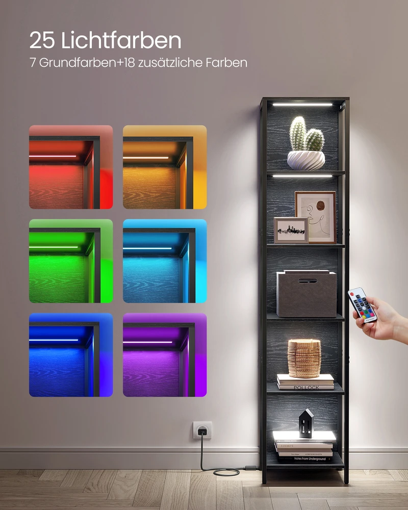 Songmics Knygų lentyna su 6 lentynomis ir LED apšvietimu, plieno rėmas, 30,3 x 40 x 178,6 cm, juoda