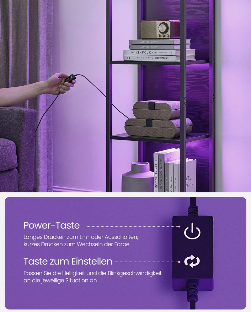 Songmics Knygų lentyna su 6 lentynomis ir LED apšvietimu, plieno rėmas, 30,3 x 40 x 178,6 cm, juoda