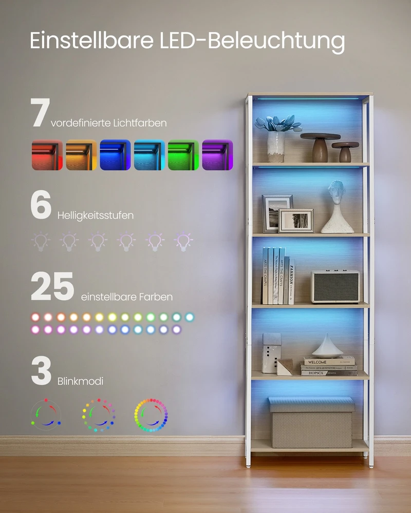 Songmics Knygų lentyna su 6 lentynomis ir LED apšvietimu, plieno rėmas, 30,3 x 60 x 178,6 cm, natūraliai smėlinė