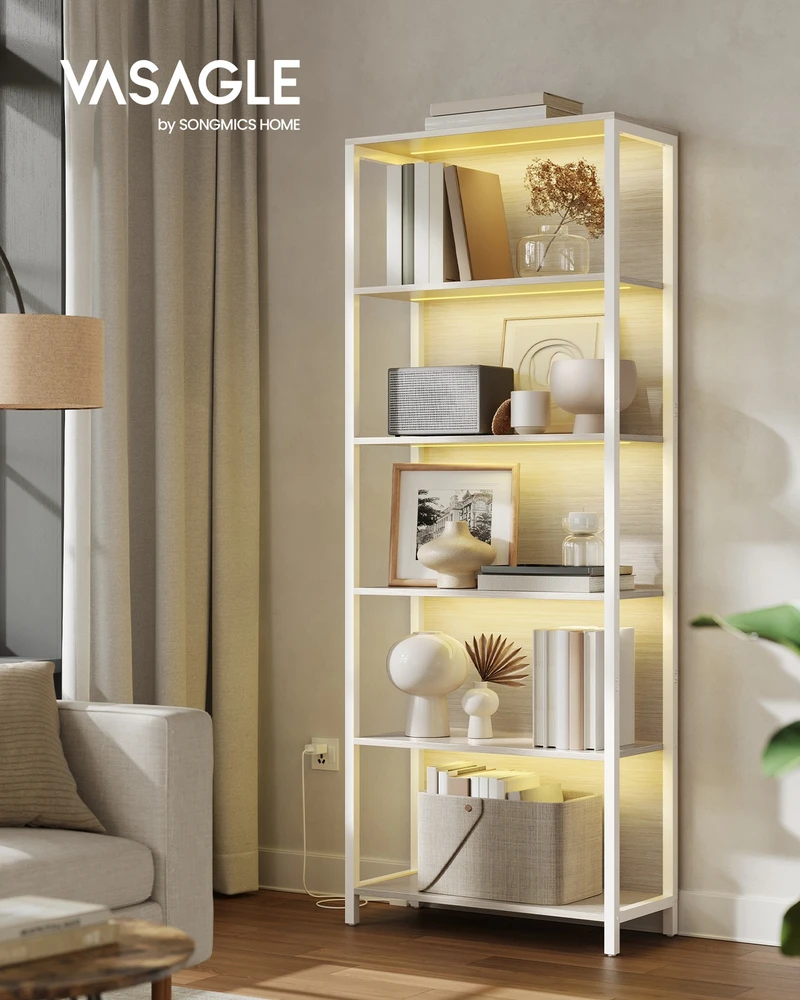 Songmics Knygų lentyna su 6 lentynomis ir LED apšvietimu, plieno rėmas, 30,3 x 60 x 178,6 cm, natūraliai smėlinė
