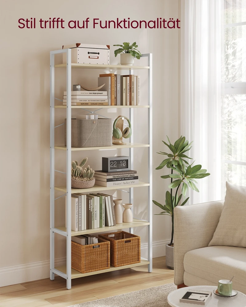 Songmics Knygų lentyna su 6 pakopomis, 30 x 64 x 185,5 cm, medžio drožlių plokštė ir plienas, natūraliai smėlinė, matinė balta