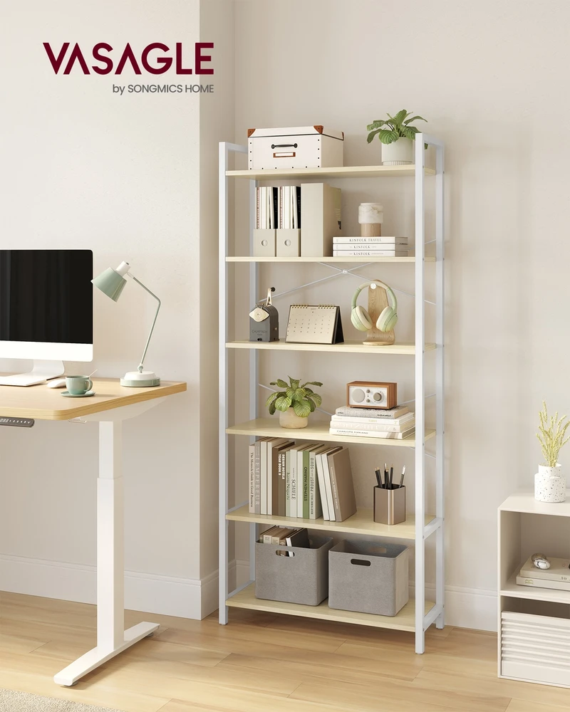 Songmics Knygų lentyna su 6 pakopomis, 30 x 64 x 185,5 cm, medžio drožlių plokštė ir plienas, natūraliai smėlinė, matinė balta