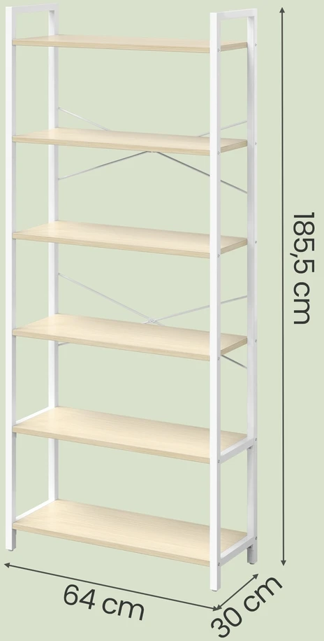 Songmics Knygų lentyna su 6 pakopomis, 30 x 64 x 185,5 cm, plienas ir medžio drožlių plokštė