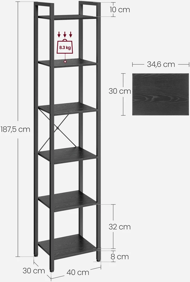 Songmics Knygų lentyna su 6 pakopomis ir rankenomis, 40 x 30 x 178,6 cm, sendintos rudos-juodos spalvos