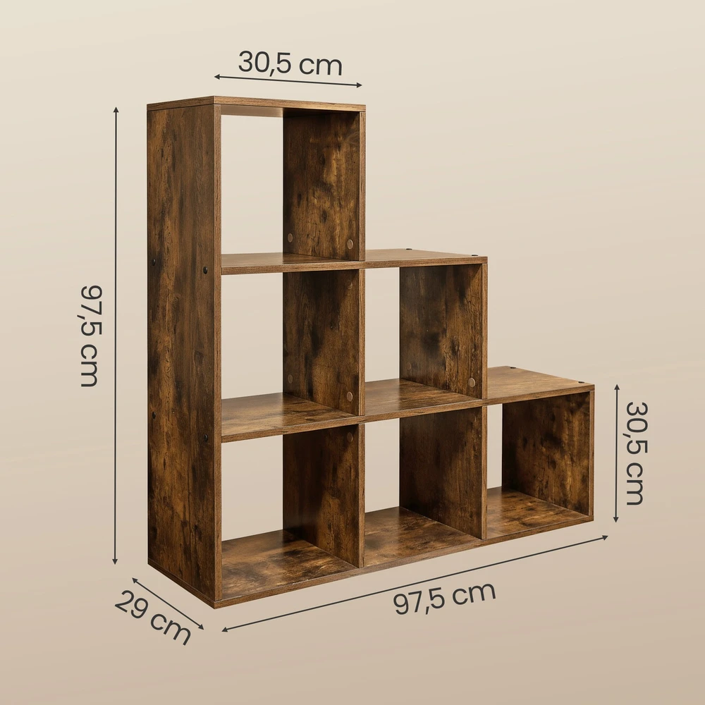 Songmics Knygų lentyna su 6 skyriais, ruda medžio drožlių plokštė, 29 x 97,5 x 97,5 cm