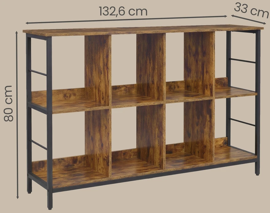 Songmics Knygų lentyna su 8 skyriais, 2 aukštų, ruda-juoda, 33 x 132,6 x 80 cm
