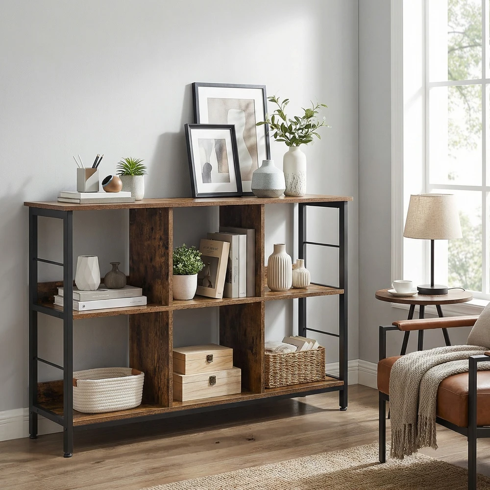 Songmics Knygų lentyna su 8 skyriais, 2 aukštų, ruda-juoda, 33 x 132,6 x 80 cm