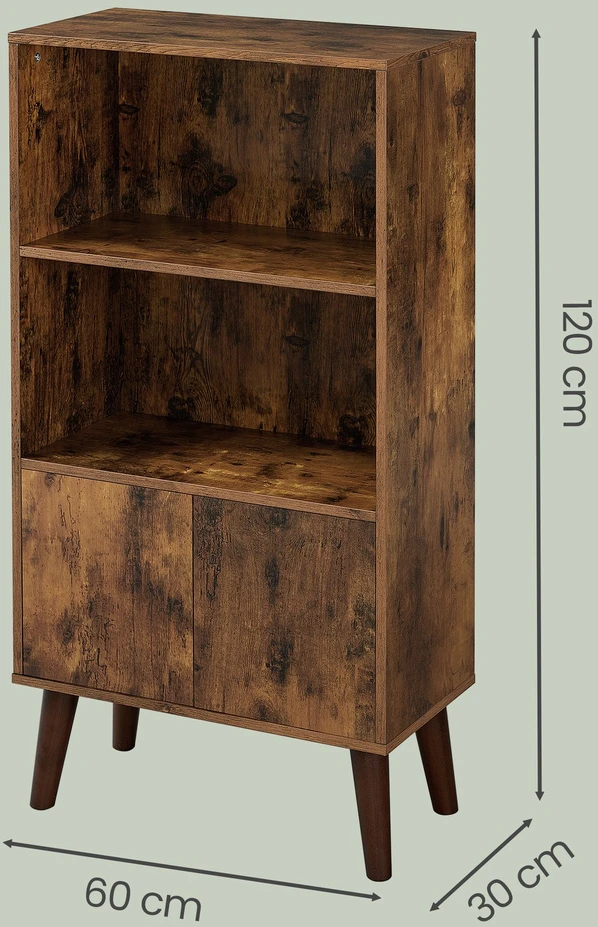 Koduva Knygų lentyna su durelėmis, 3 aukštų, ruda, medžio drožlių plokštė ir kaučiukmedis, 60 x 30 x 120 cm
