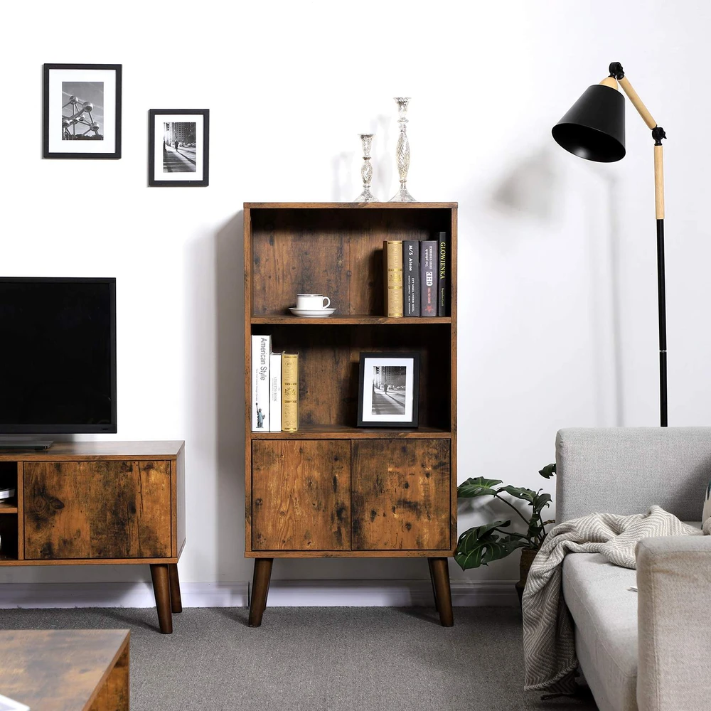 Songmics Knygų spinta su durelėmis, retro stiliaus, 60 x 30 x 120 cm, ruda ir juoda