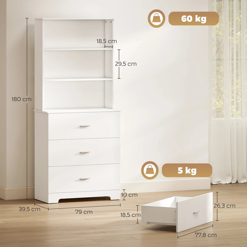 Aosom Knygų spinta-vitrina su 3 stalčiais ir 3 atviromis lentynomis, balta, 79 x 39,5 x 180 cm