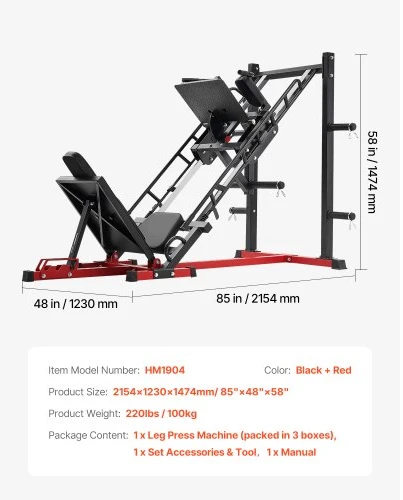 VEVOR Kojų preso ir hack squat treniruoklis HM1904, juoda / raudona, 215 x 147 x 123 cm