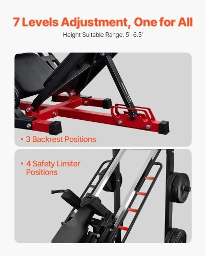 VEVOR Kojų preso ir hack squat treniruoklis HM1904, juoda / raudona, 215 x 147 x 123 cm