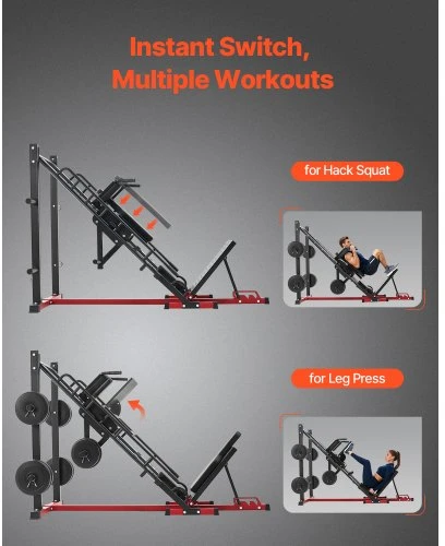 VEVOR Kojų preso ir hack squat treniruoklis HM1904, juoda / raudona, 215 x 147 x 123 cm