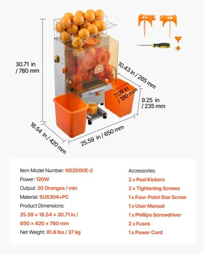 VEVOR Komercinė citrusinių vaisių sulčiaspaudė NS2000E-2, 120 W, nerūdijantis plienas, 65 x 42 x 78 cm