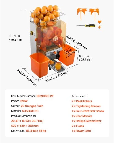 VEVOR Komercinė citrusinių vaisių sulčiaspaudė NS2000E-2T, 120 W, nerūdijantis plienas, 52 x 43 x 78 cm